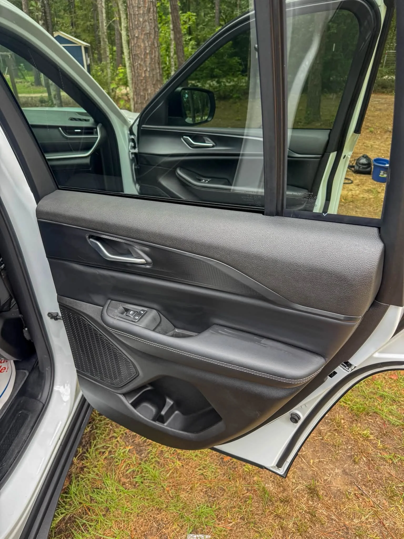 The image shows the open driver-side door of a vehicle with a view of the interior, including the door panel, window controls, side mirror, and part of the car's dashboard. In the background, there are trees and outdoor objects like a blue bucket and