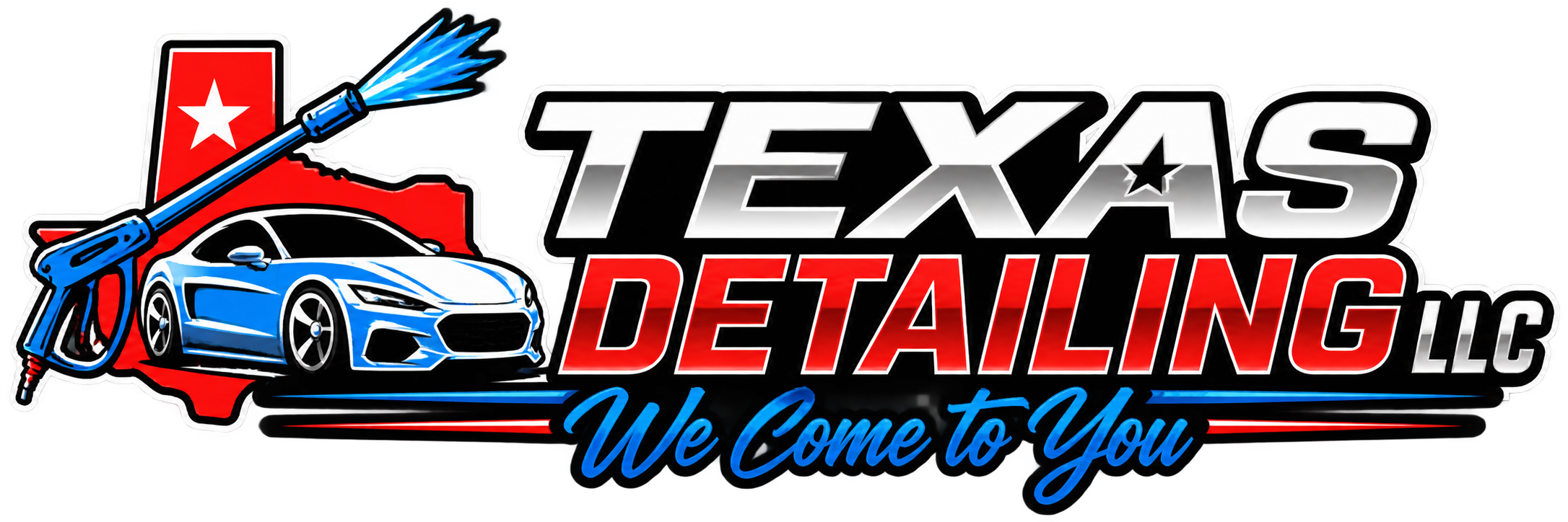 Logo for Texas Detailing LLC featuring a blue sports car, a spray foam gun, and a red outline of Texas with a white star. Text includes 'TEXAS DETAILING LLC' and 'We Come to You' in blue cursive.