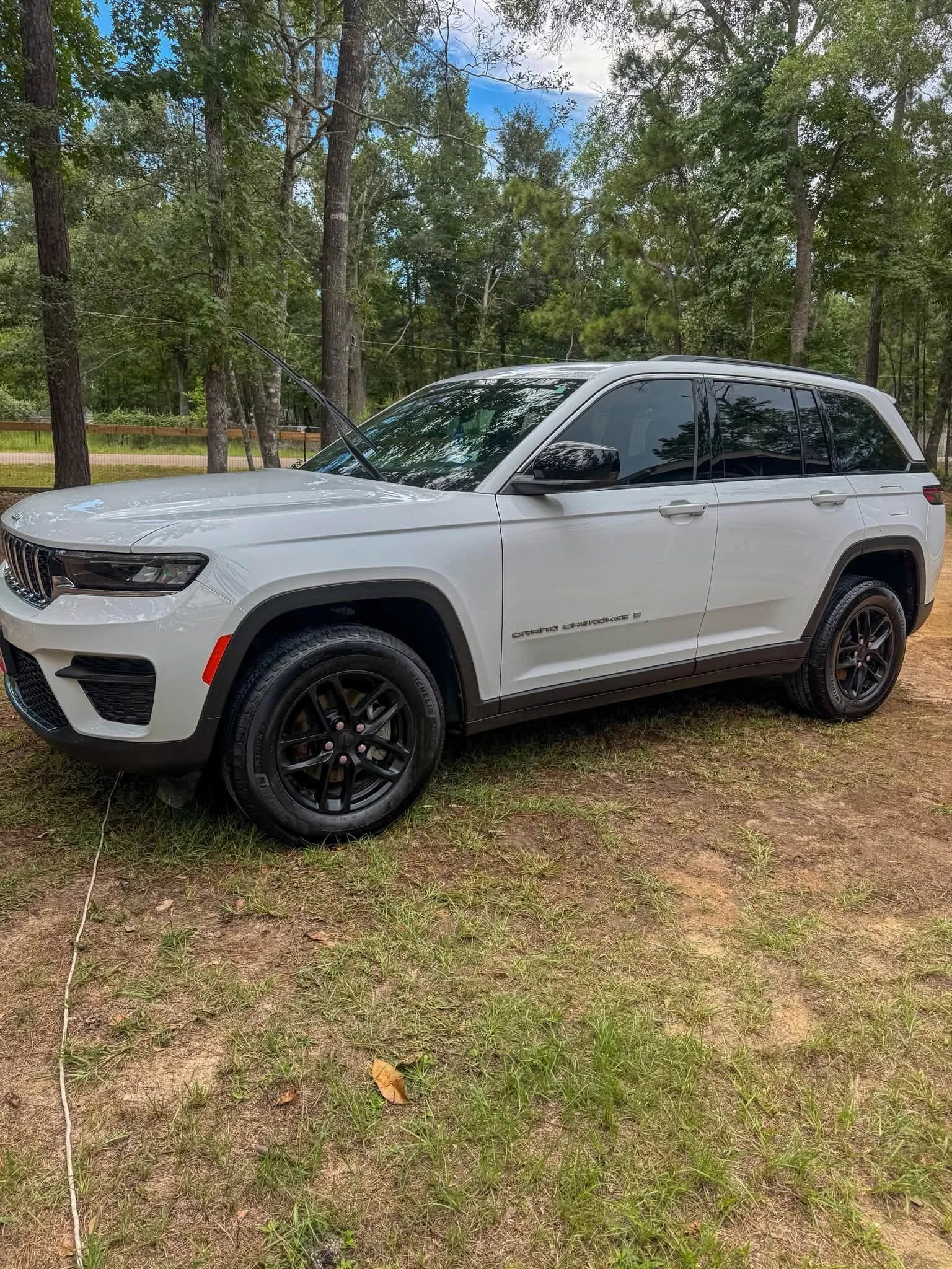 A white Jeep Grand Cherokee parked on a grassy dirt area surrounded by trees with green leaves and tall trunks.