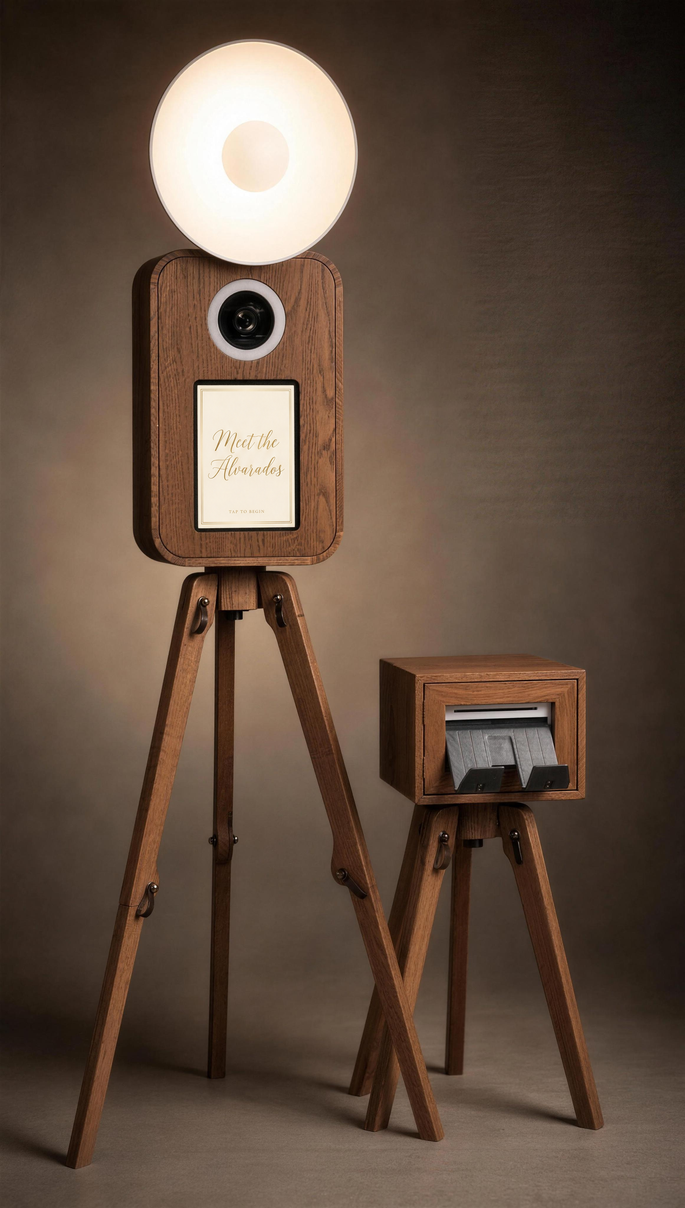 Katha Booth oak camera and printer installation, stylized studio composition.