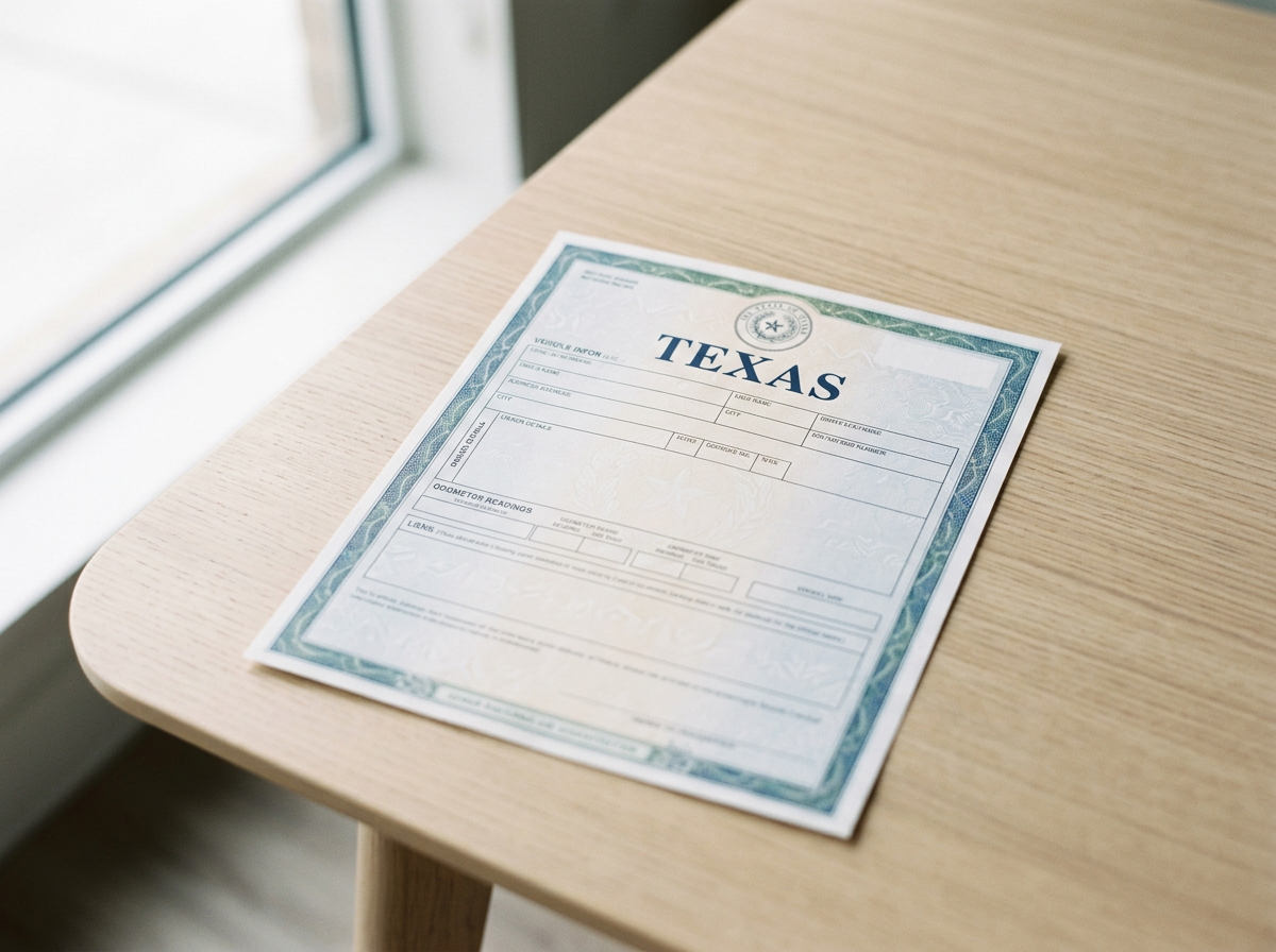 A Texas vehicle registration document placed on a wooden table near a window.