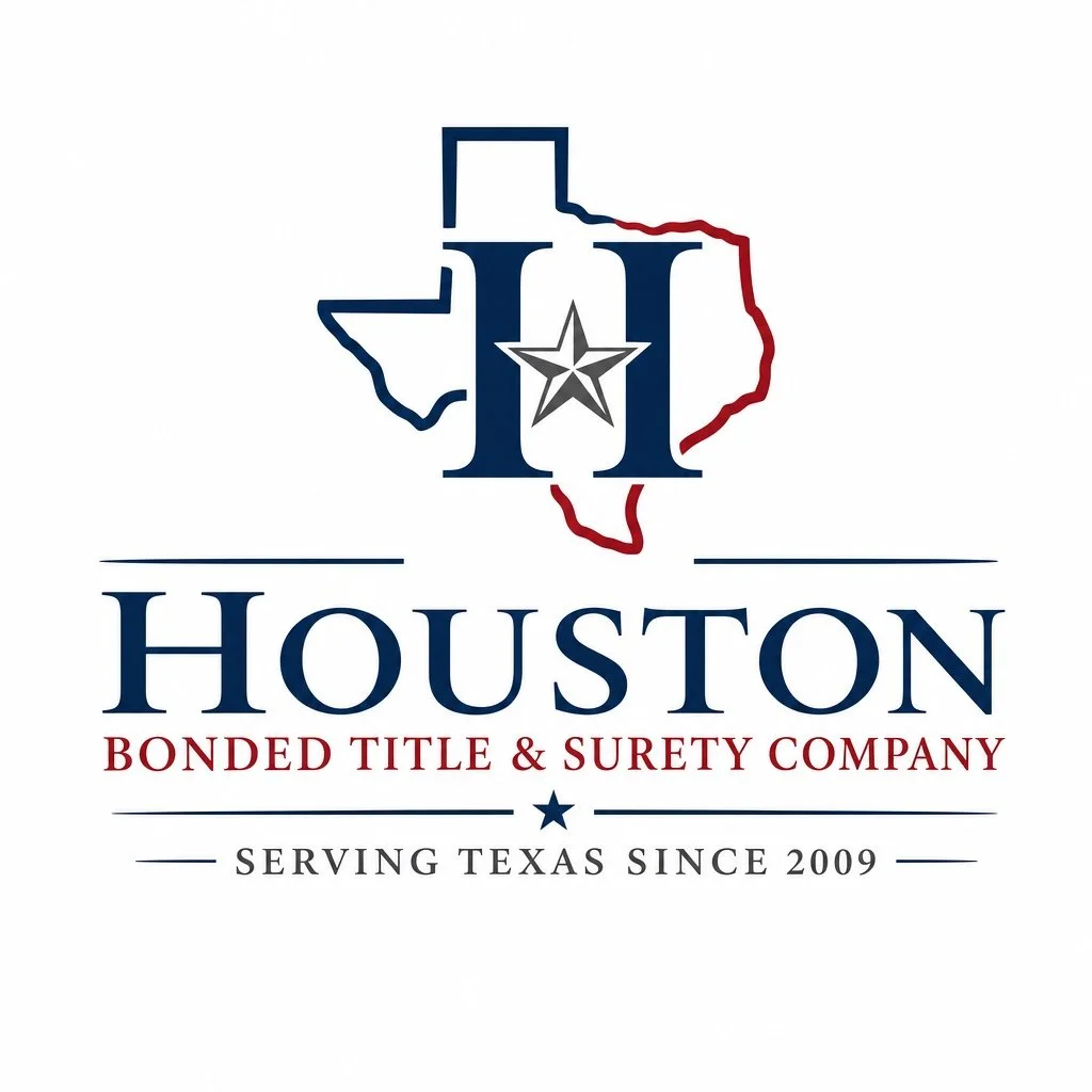 Logo of Houston Bonded Title & Surety Company featuring a stylized outline of Texas in red and blue, with a star and the letter 'H' in the center, and text indicating their service in Texas since 2009.