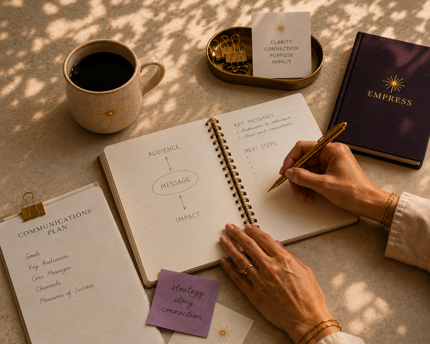 Desk with a notebook, coffee and communications planning materials representing strategy, story and connection.