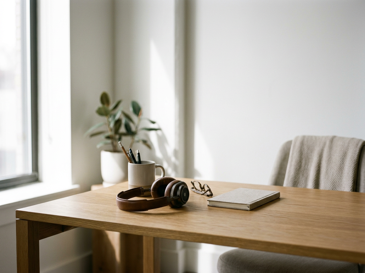 A wooden desk near a window with sunlight, holding a pair of brown headphones, a closed notebook, a pair of glasses, a white mug with pens, and a potted plant in the background.