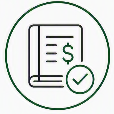 Illustration of a document with a dollar sign and a checkmark inside a circle.