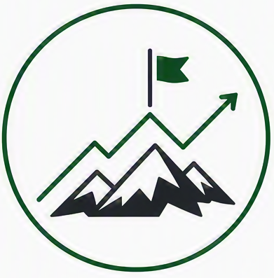 A circular logo with mountain peaks, a flag at the top, and an upward arrow, symbolizing achievement or success.