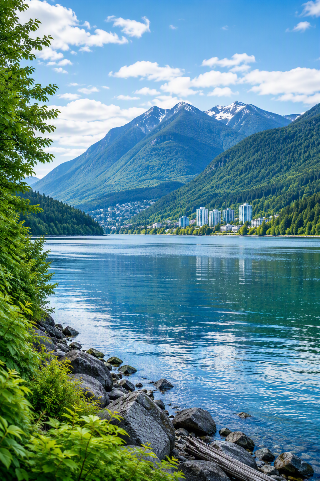 Scenic view of a lake surrounded by green mountains with snow-capped peaks in the background and a small city with high-rise buildings in the distance under a partly cloudy sky.