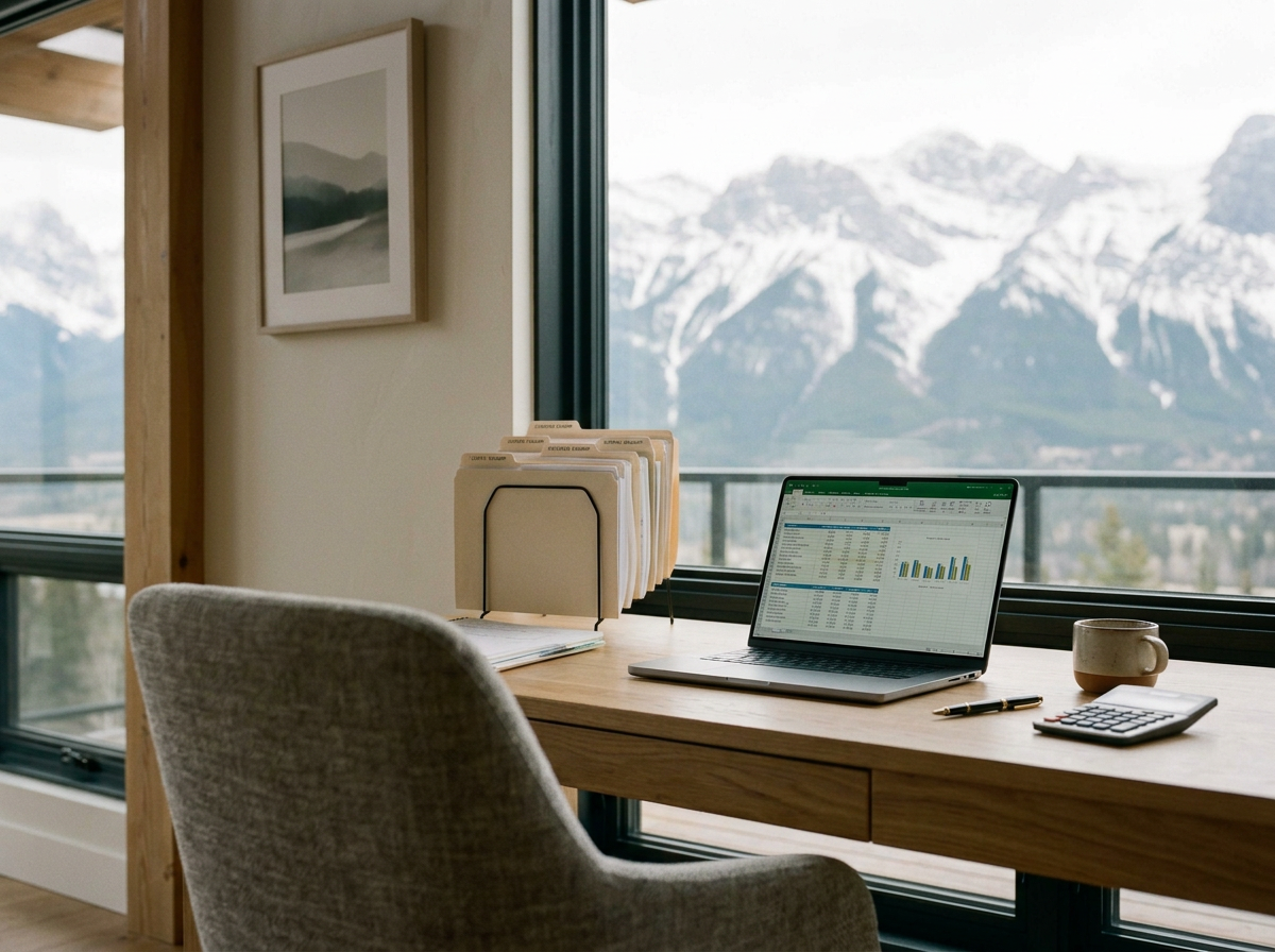 Office desk with open laptop displaying spreadsheets, a notepad, a pen, a calculator, a coffee mug, and file organizers, with mountain scenery visible through large windows.