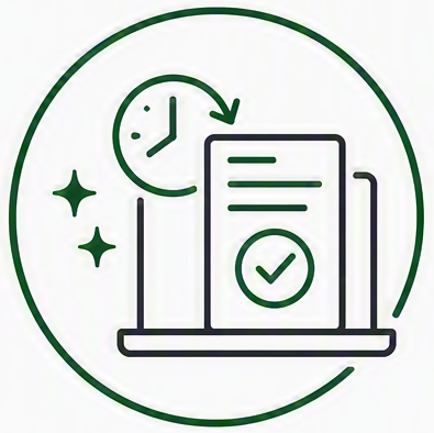 Icon of a clock, a checkmark on a document, and stars inside a circle, representing time management or task completion.