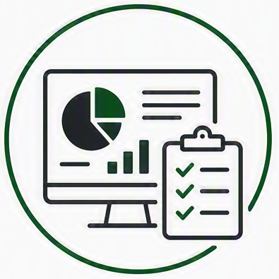 Icon of a computer monitor displaying a pie chart and bar graph with a clipboard showing checkmarks, representing data analysis or reporting.