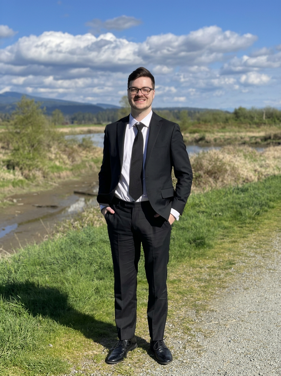 A young man in a black suit, white shirt, and black tie standing outdoors on a grassy area with a river, trees, and mountains in the background under a partly cloudy sky.
