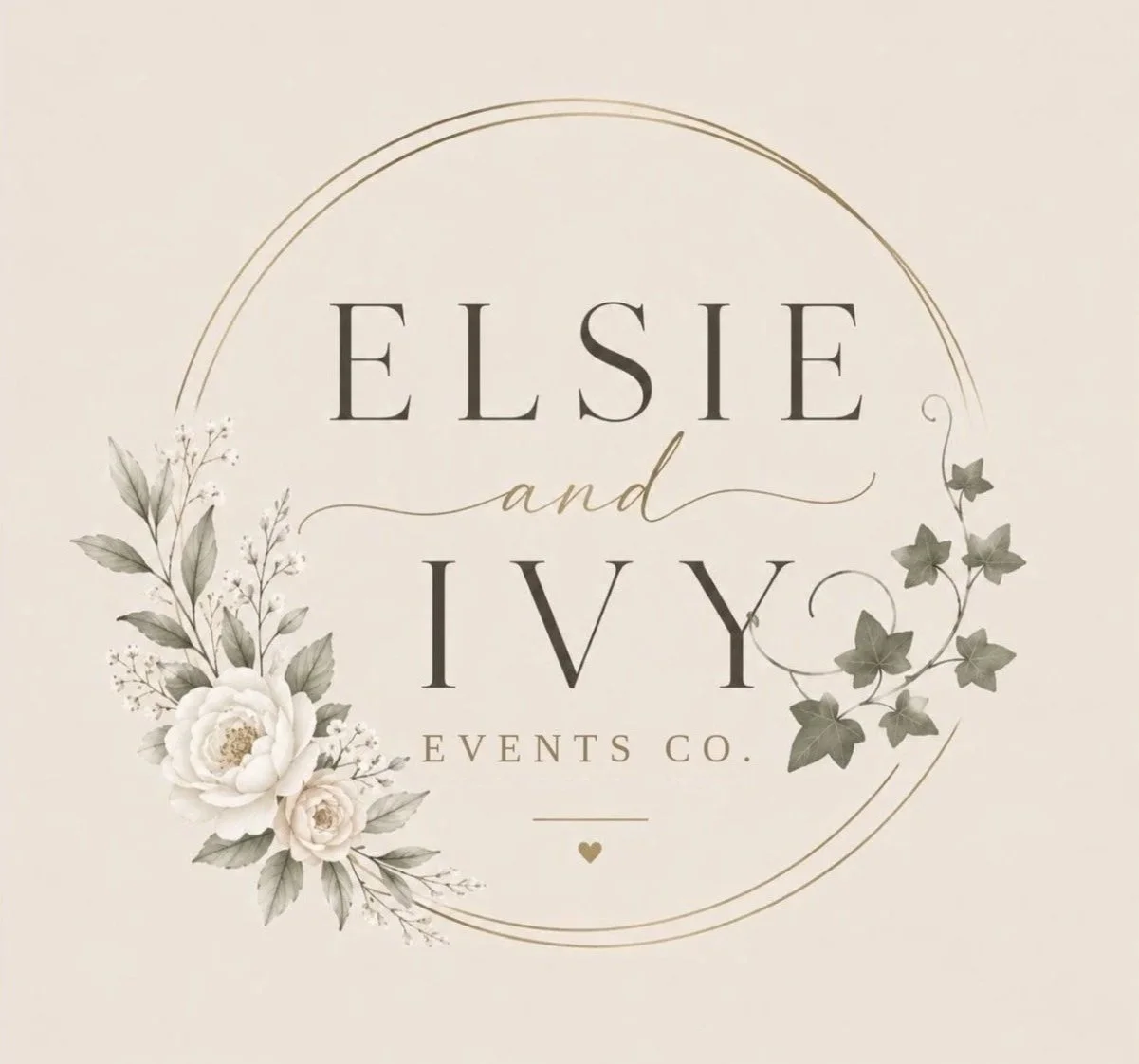 Logo for Elsie and Ivy Events Co. with floral and vine decorations on a light beige background.