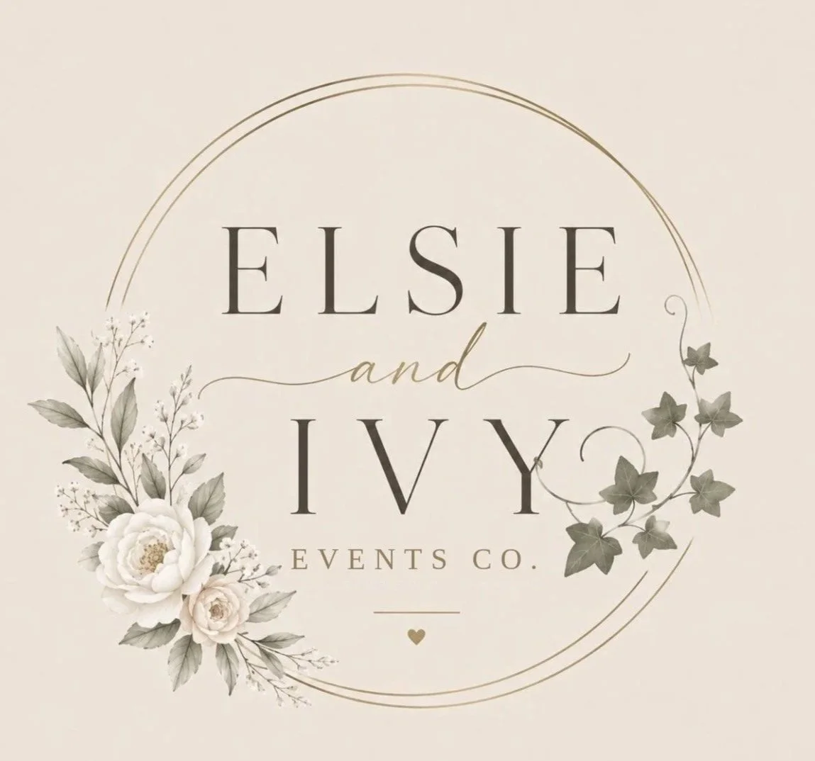 Logo for Elsie and Ivy Events Co. with floral designs and a beige background.