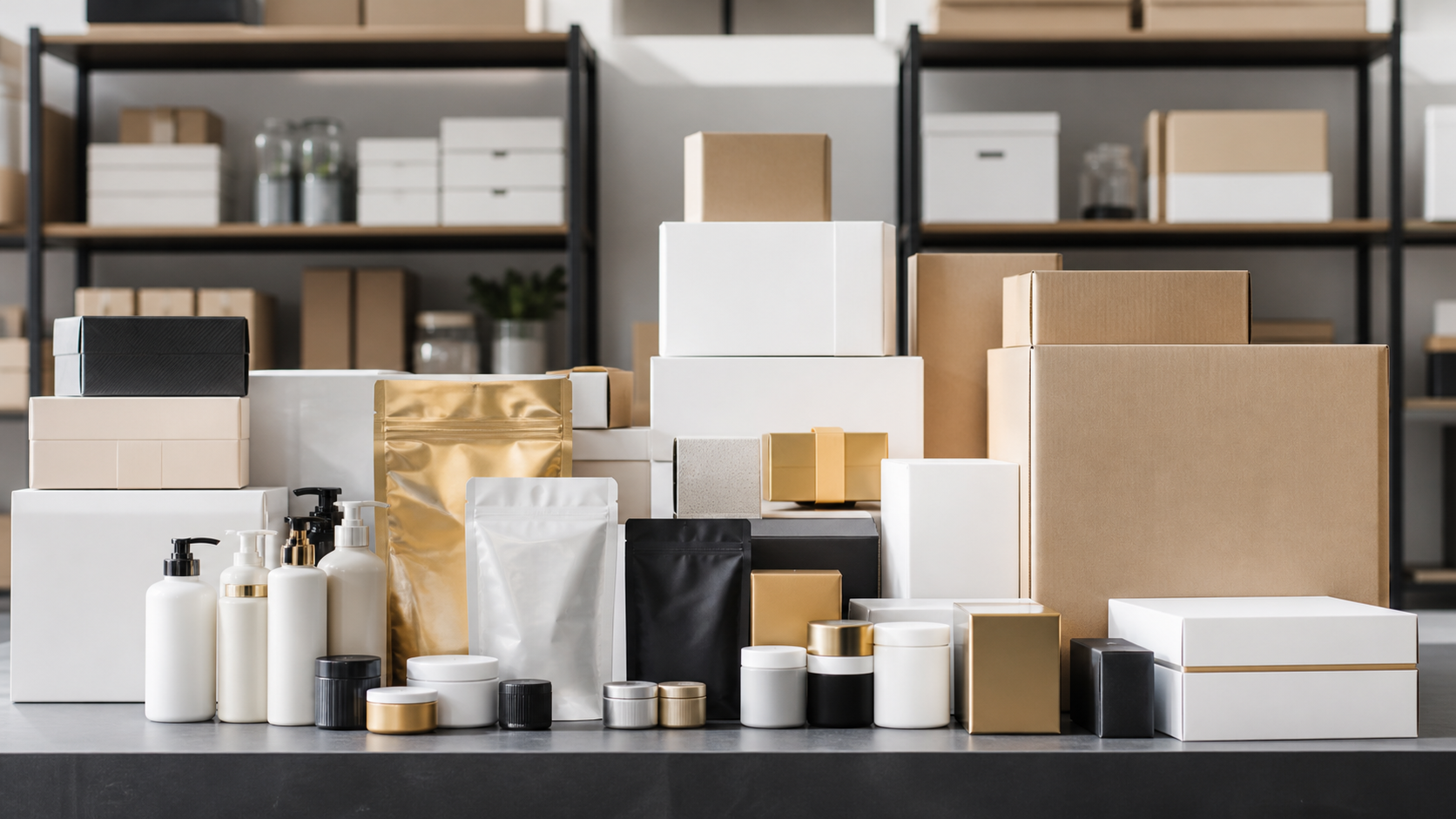 Unbranded merchandise packages organized for commercial distribution