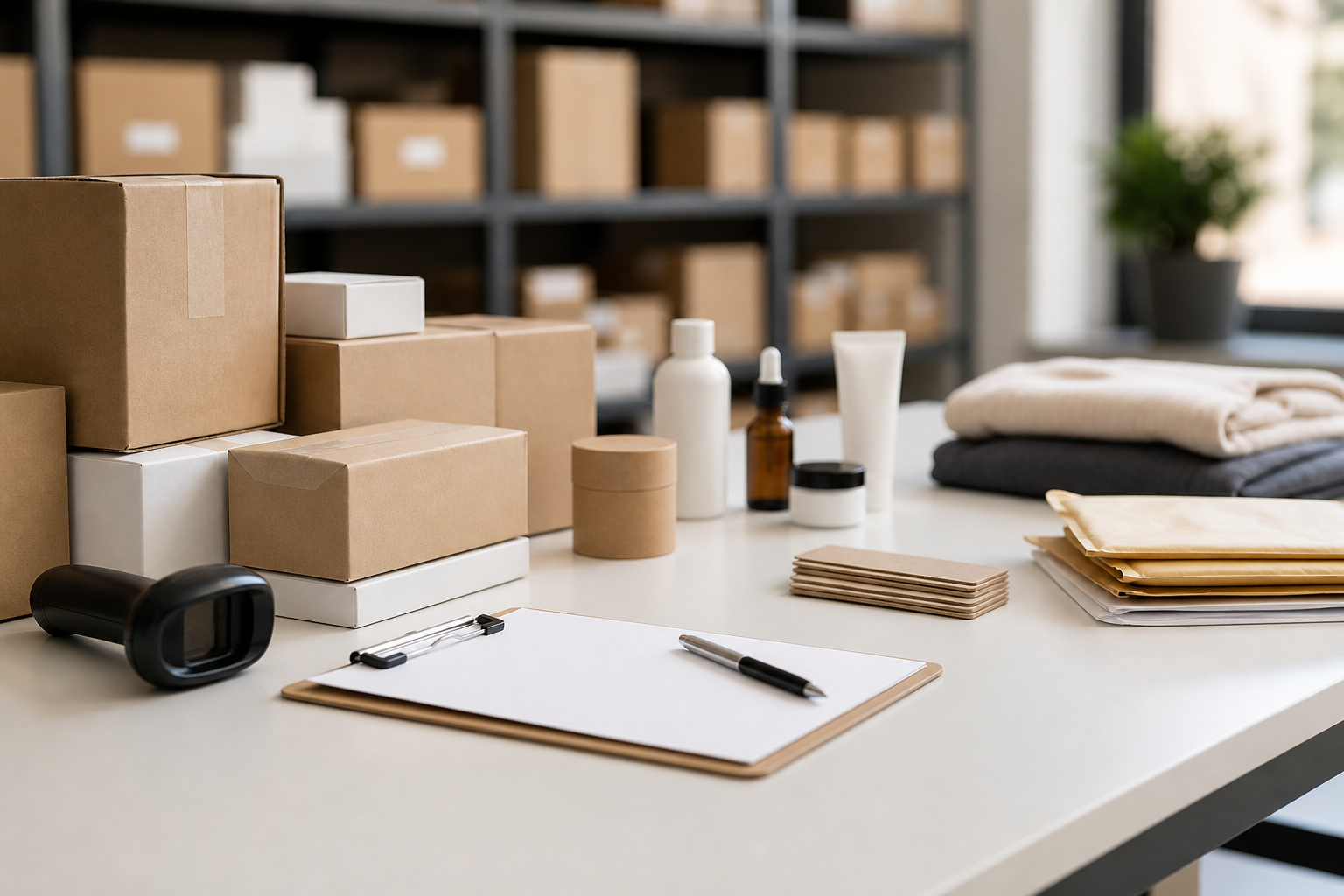 Unbranded product samples and packages arranged for commercial inventory review