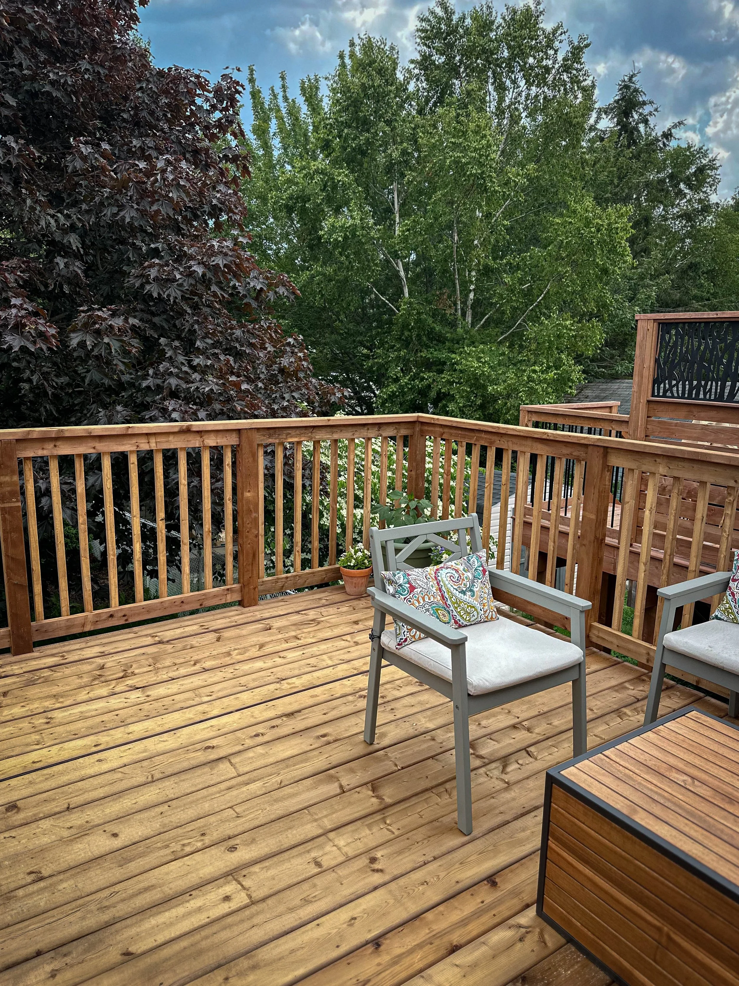 Custom deck build with railing and privacy wall. Built for relaxing and entertaining outdoors.