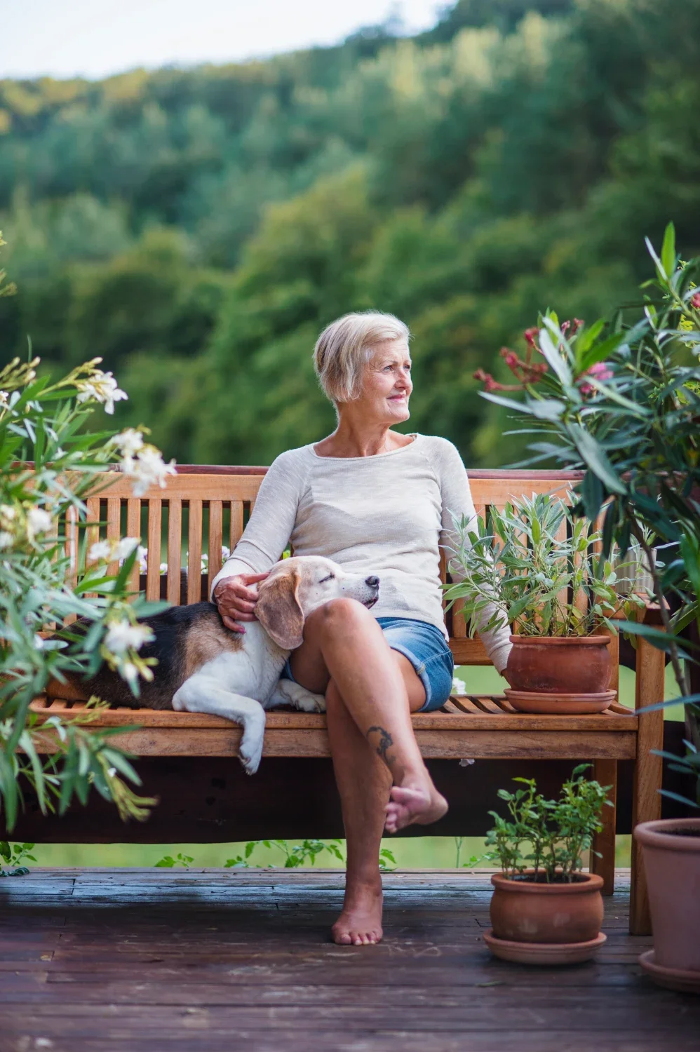 An elderly woman sitting on a bench, holding a sleeping dog