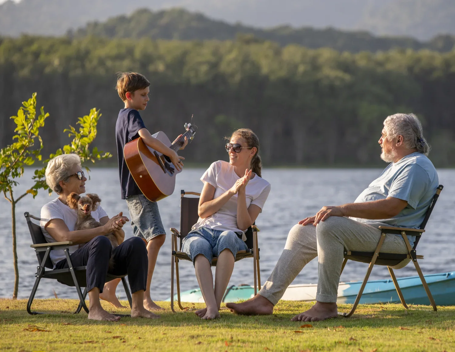 Family enjoying a lakeside gathering