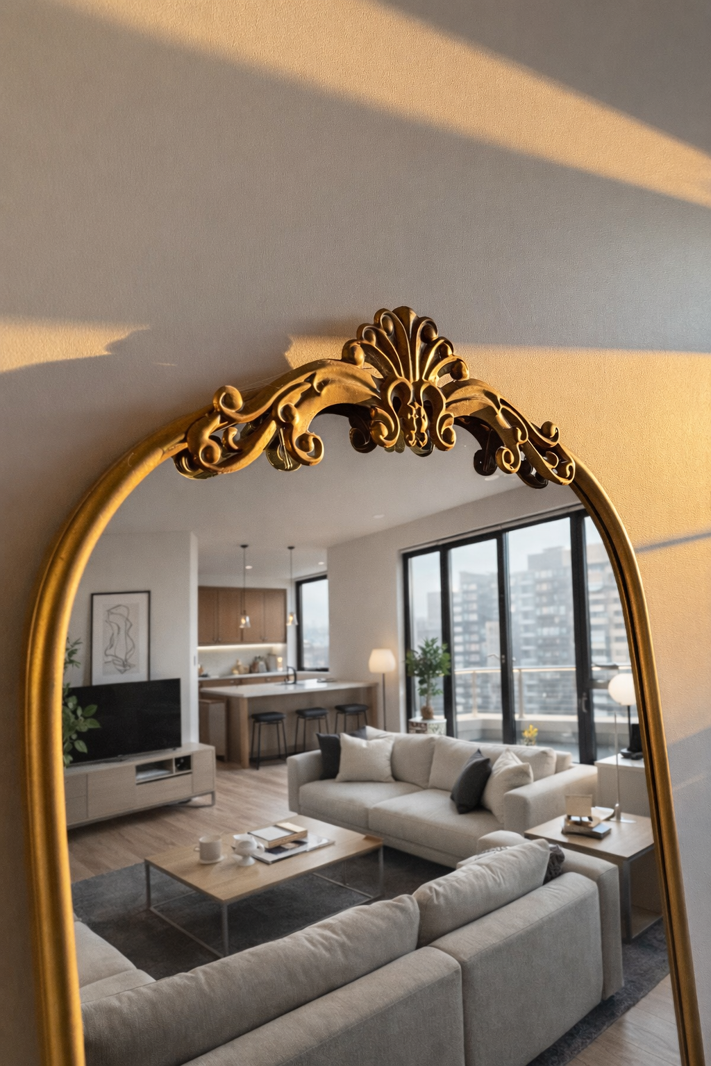 Reflection of a modern living room in an ornate gold mirror, showing a sofa, coffee table, TV, large windows, and decor.