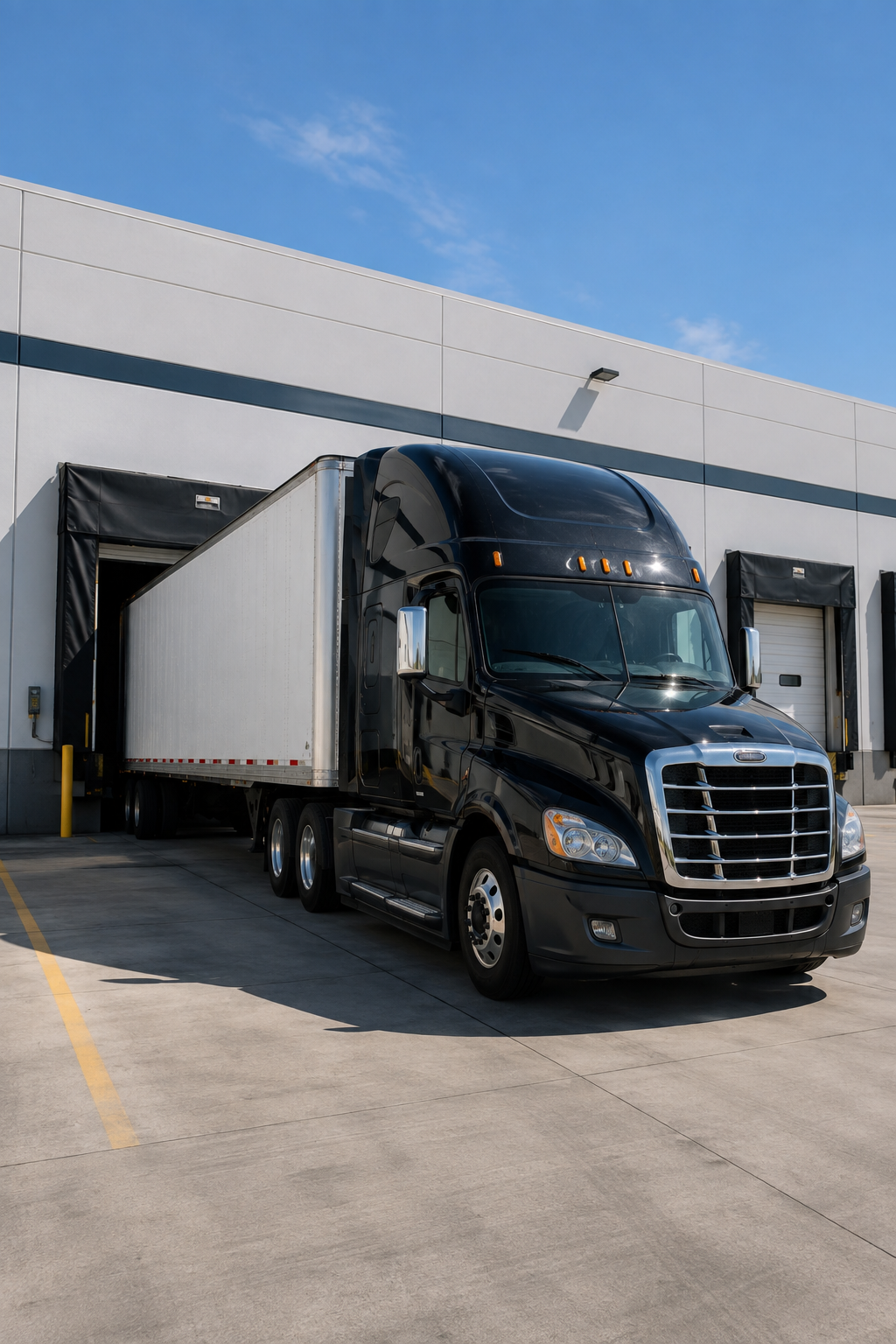 A black semi-truck parked outside a warehouse loading dock with a partially open door on a sunny day.