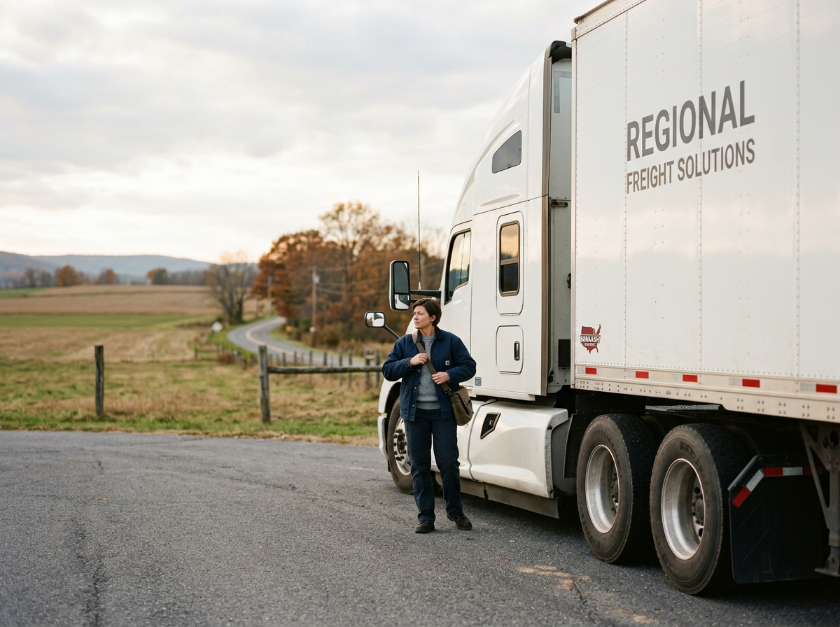 A woman standing next to a large white semi-truck on a rural road, with fields and trees in the background, during daytime with an overcast sky.