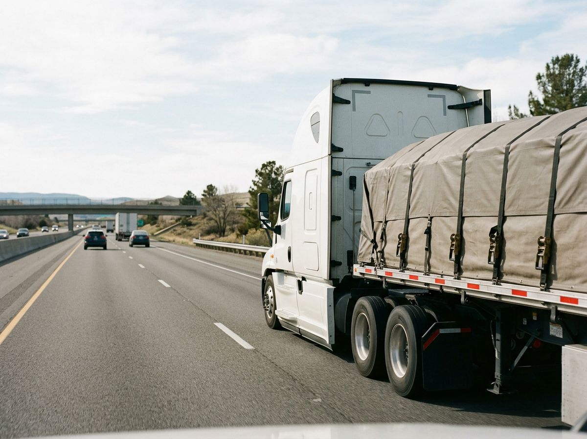 A white semi-truck driving on a highway with multiple lanes, other vehicles, and a bridge in the background under a partly cloudy sky.