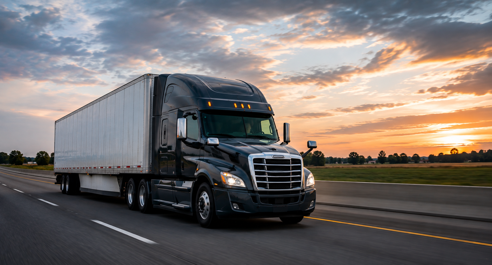 Black semi-truck driving on highway at sunset with orange and pink sky and scattered clouds.