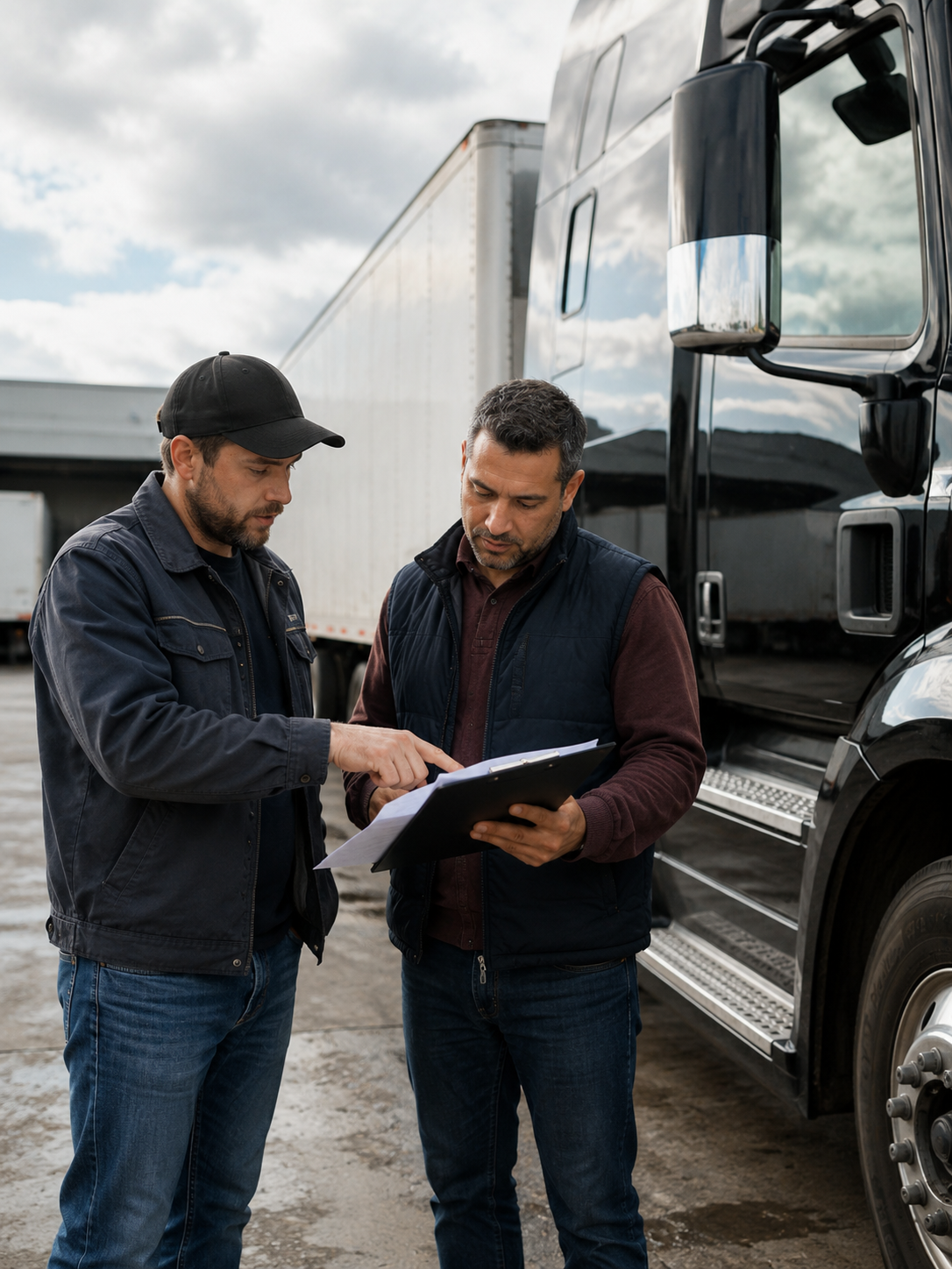 Two men standing outside near a black truck, looking at a clipboard with documents, during overcast weather.