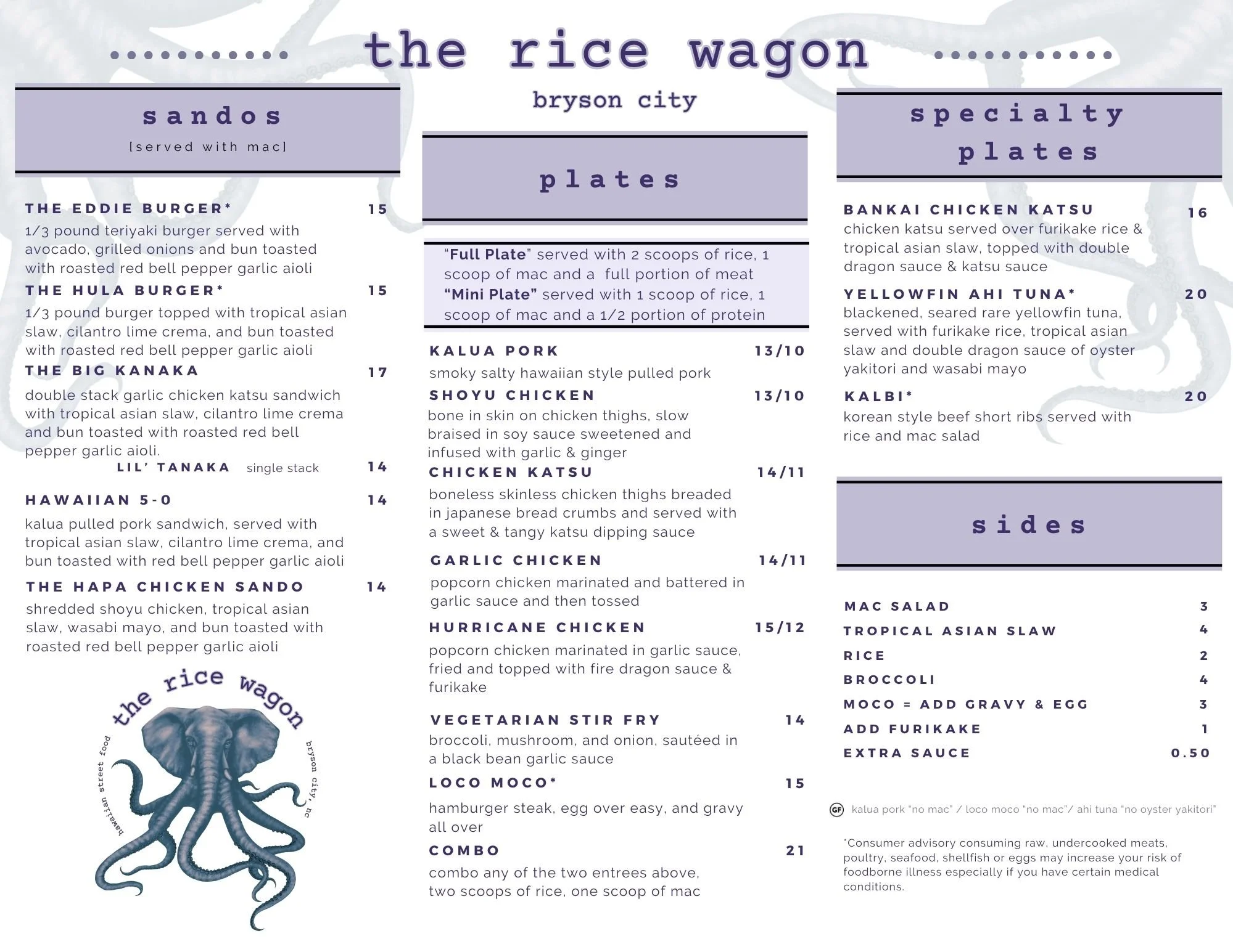 Menu page from 'the rice wagon' restaurant with sections for 'sandos', 'plates', and 'specialty plates'. Contains various food items and descriptions, including burger options, chicken dishes, and seafood, along with prices.