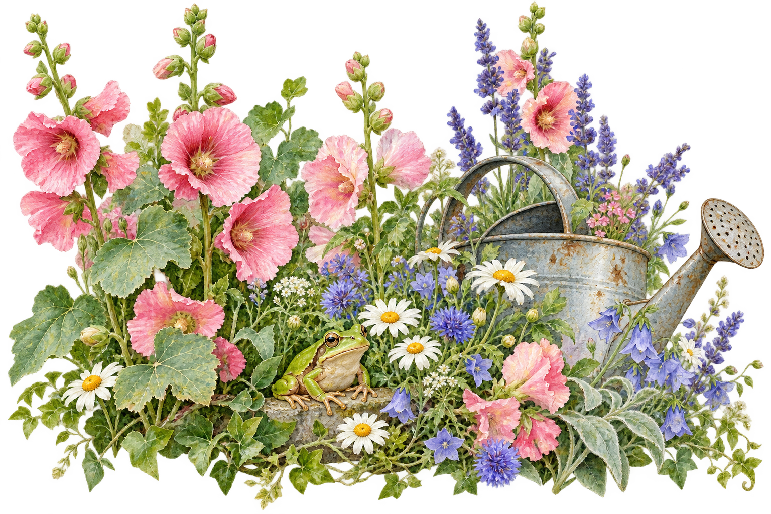 A green tree frog among pink hollyhocks, purple flowers and daisies beside a galvanized watering can.