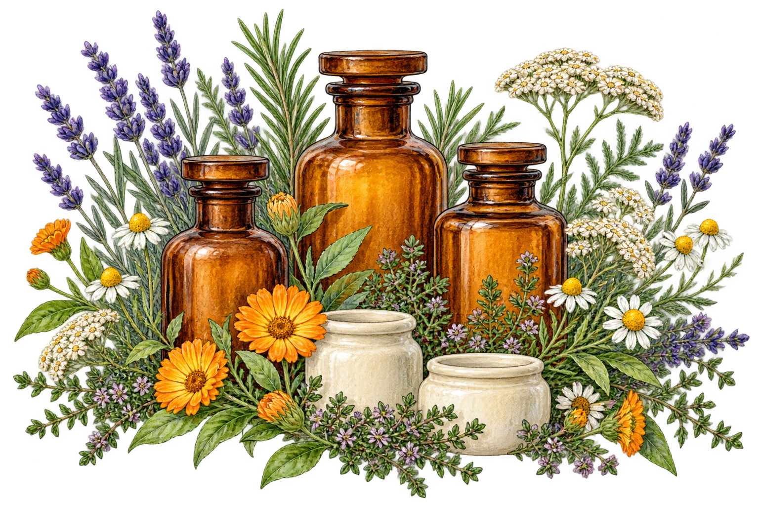 Watercolor amber apothecary bottles and cream jars nestled among lavender, calendula, chamomile, yarrow, rosemary, and thyme.