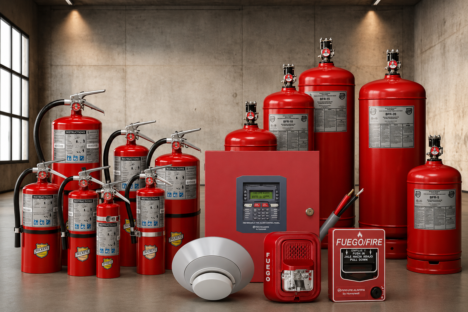 Extintores rojos de diferentes tamaños y un sistema de alarma contra incendios en un ambiente industrial.