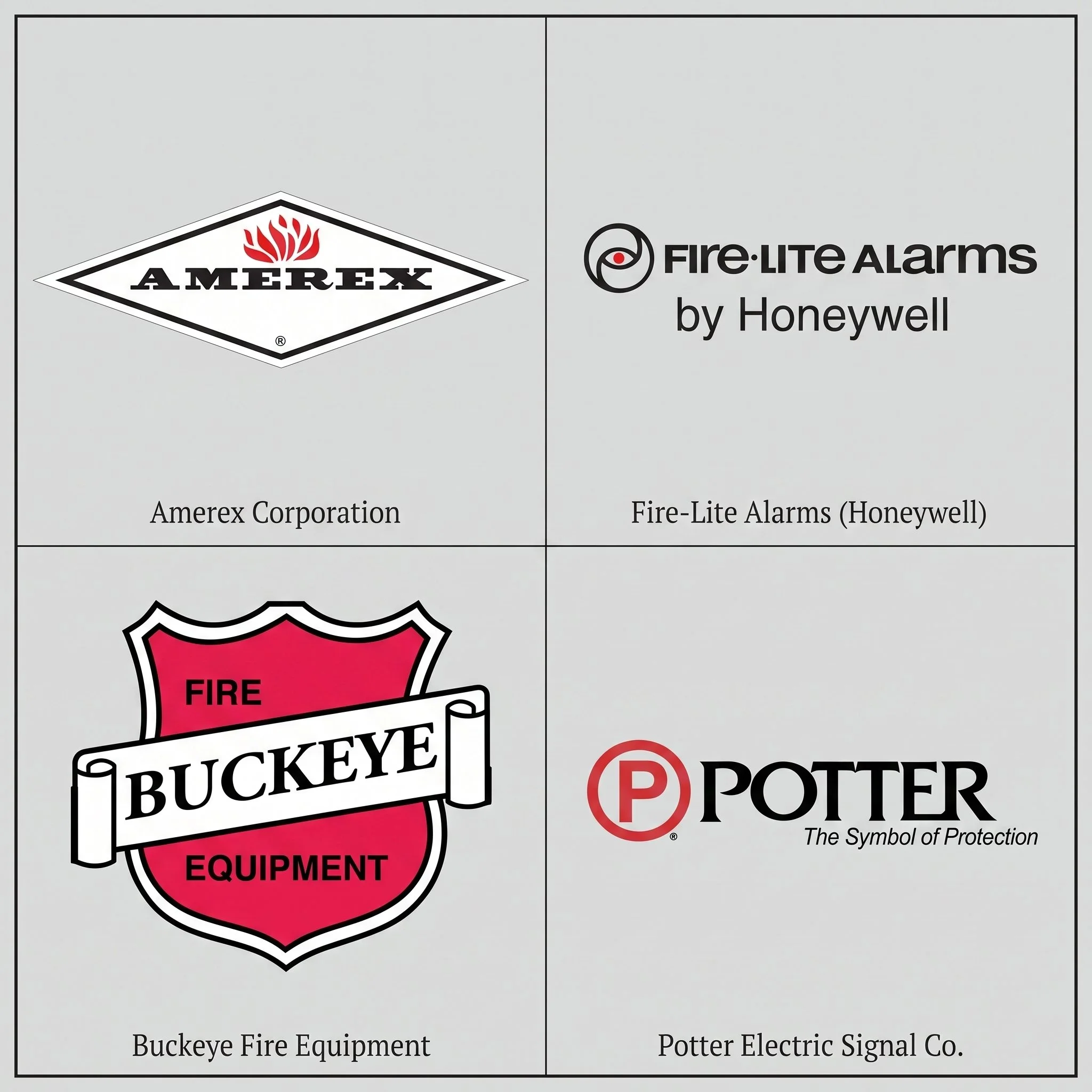 Cuatro logotipos de diferentes compañías y productos. En la esquina superior izquierda, el logotipo de Amerex con una llama roja sobre un fondo blanco y el texto "AMEREX". En la esquina superior derecha, el logotipo y texto de Fire-Lite Alarms by Honeywell, con un símbolo circular y el texto en negro. En la parte inferior izquierda, un escudo rojo con la palabra "FIRE" y la frase "BRICKY E" debajo, acompañado del texto "Buckeye Fire Equipment". En la esquina inferior derecha, un icono circular con la palabra "POTTER" en rojo y un texto que dice "The Symbol of Protection".