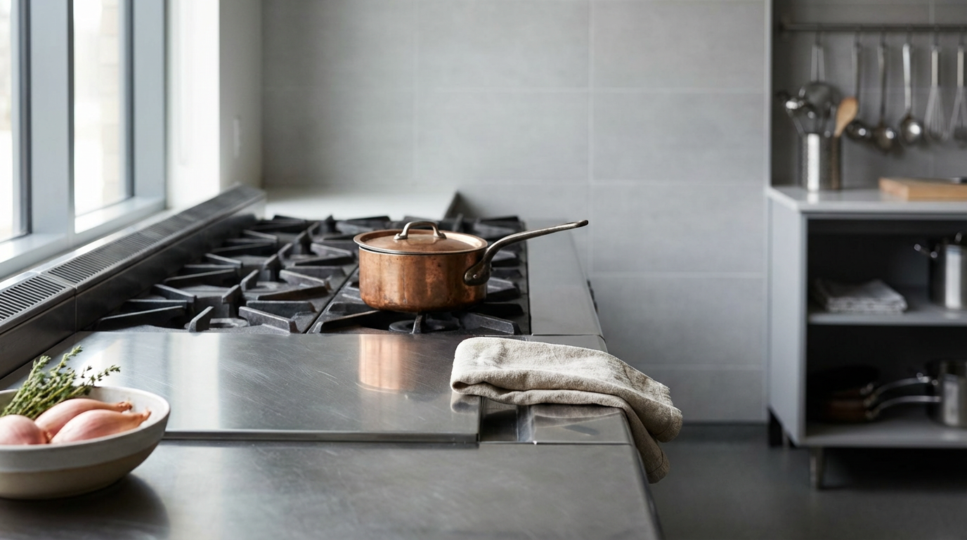 A kitchen with a stovetop and a copper saucepan, a bowl of onions and herbs, a kitchen towel, and a shelving unit with utensils and dishes.