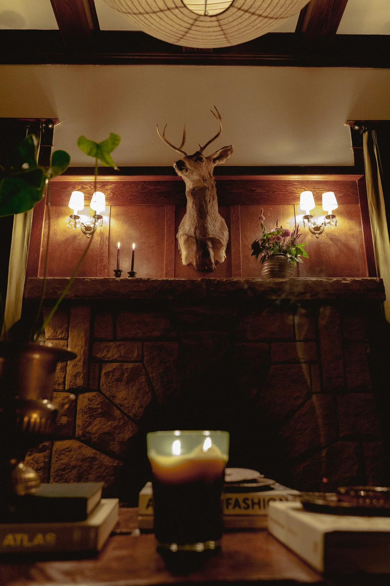 A mounted deer head with antlers on a wooden wall, flanked by two wall sconces with small lamps, next to a vase with flowers on a shelf.