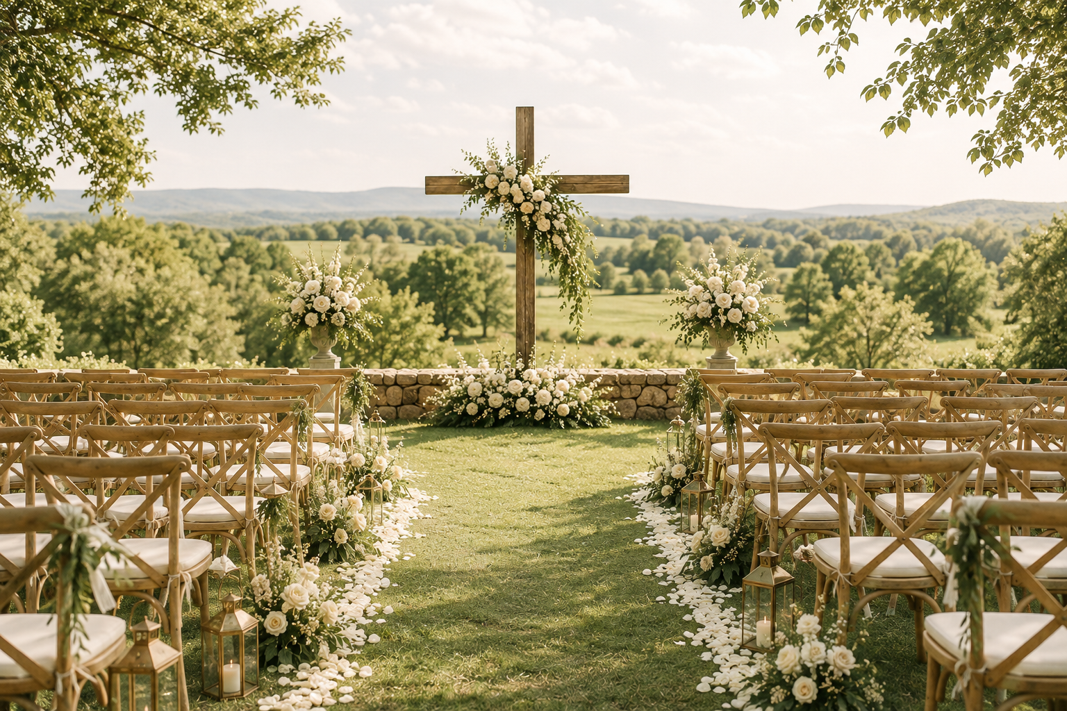 Outdoor wedding ceremony setup with wooden cross decorated with flowers, white floral arrangements, lanterns, and petals along the aisle on grassy lawn, with scenic landscape and hills in the background.