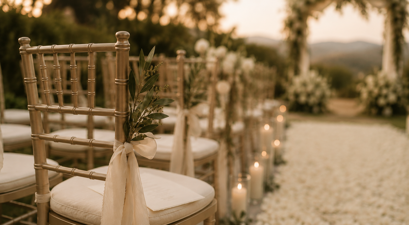 Elegant outdoor wedding ceremony setup with gold chairs decorated with green leaves and cream ribbons, candles lighting the aisle at sunset.