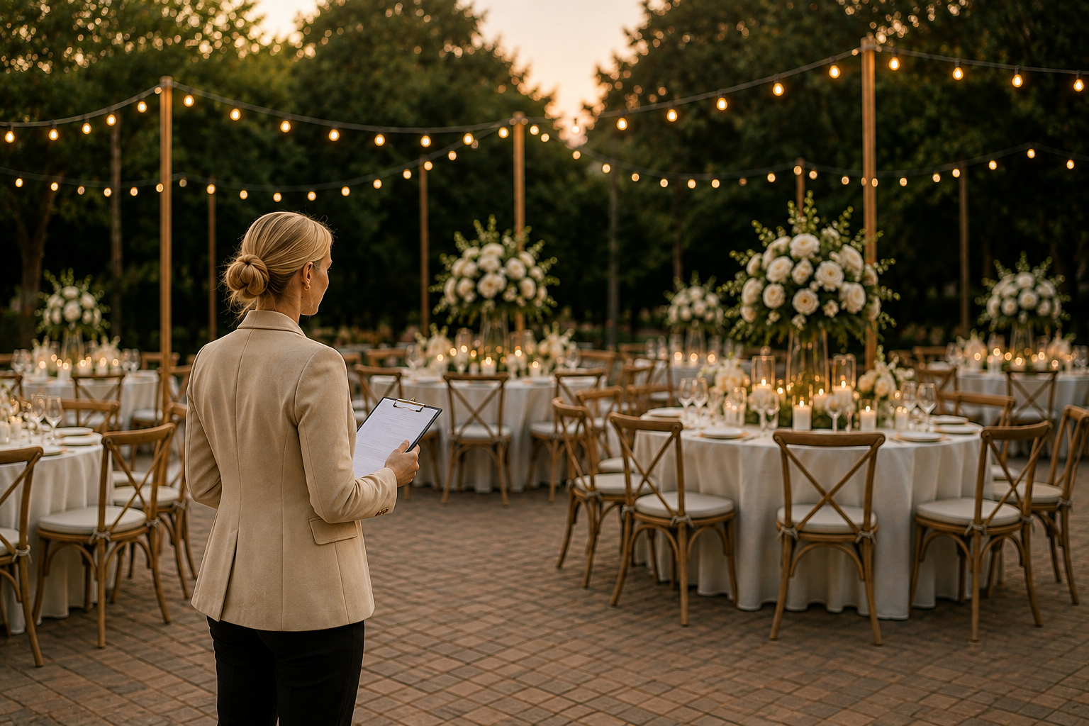 A woman in a beige blazer holding a clipboard, standing outdoors at a wedding reception with decorated tables, floral centerpieces, candles, string lights, and trees in the background at sunset.