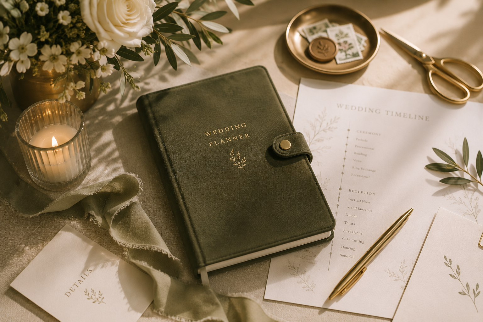 A wedding planner book, a gold pen, a wedding timeline sheet, a lit candle, a pair of gold scissors, and a floral arrangement with white flowers and greenery on a table.