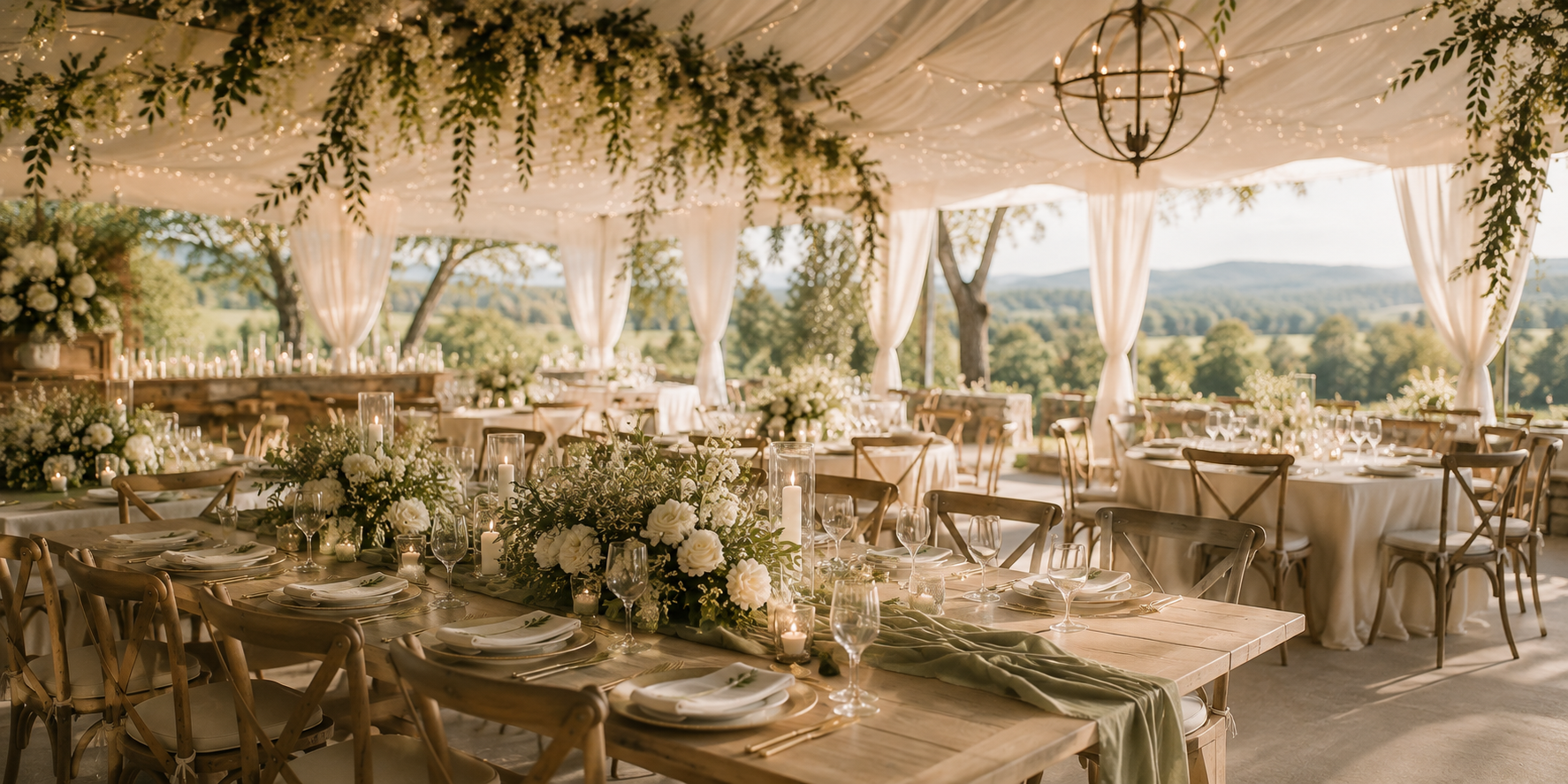 Elegant outdoor wedding reception with decorated tables, floral arrangements, candles, and string lights under a canopy with draped white fabric and lush greenery, overlooking a scenic landscape with trees and hills.