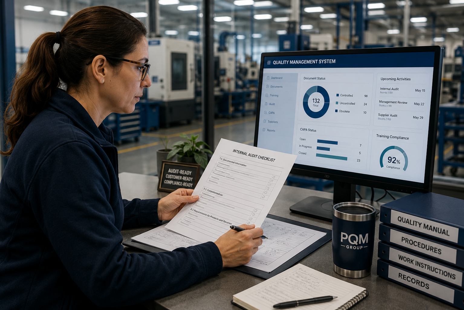 Quality professional reviewing an internal audit checklist and quality management system records.