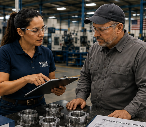 Quality professional reviewing machined components with a supplier during a supplier quality evaluation.