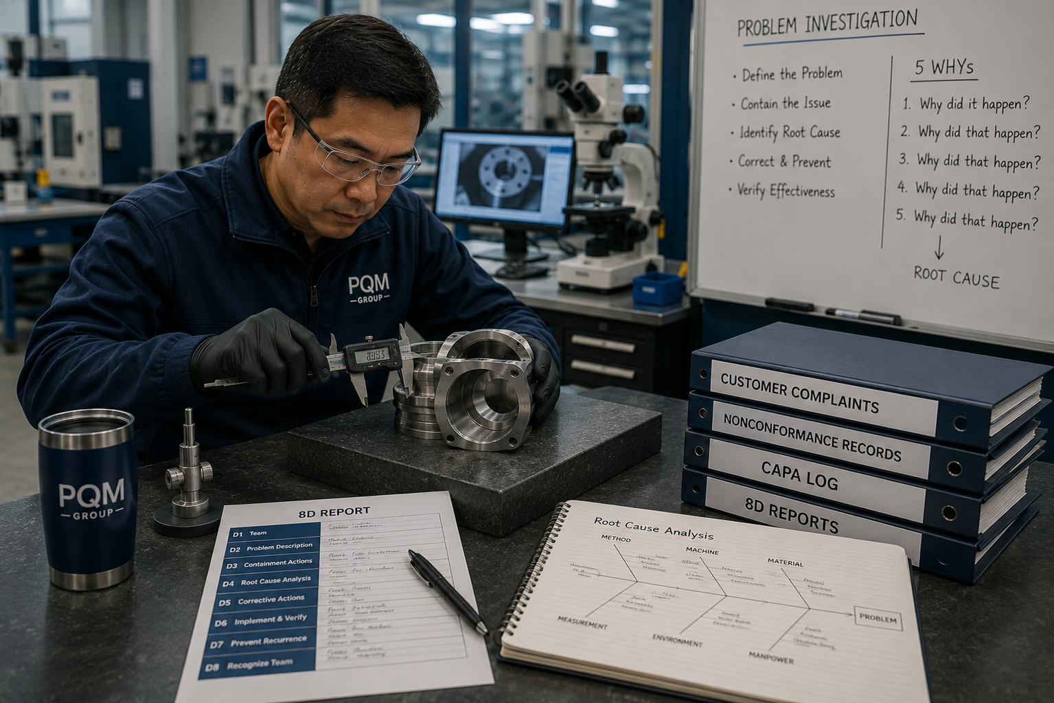 Quality professional inspecting a machined component during a corrective action investigation.