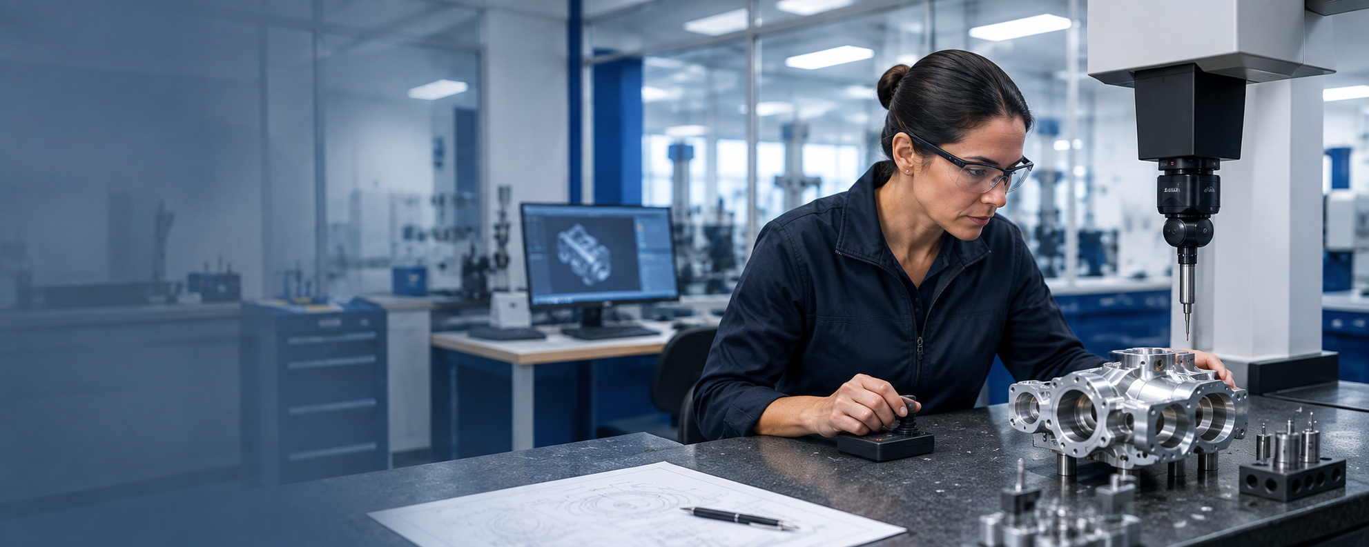 Quality professional inspecting a precision-machined component in a manufacturing facility.