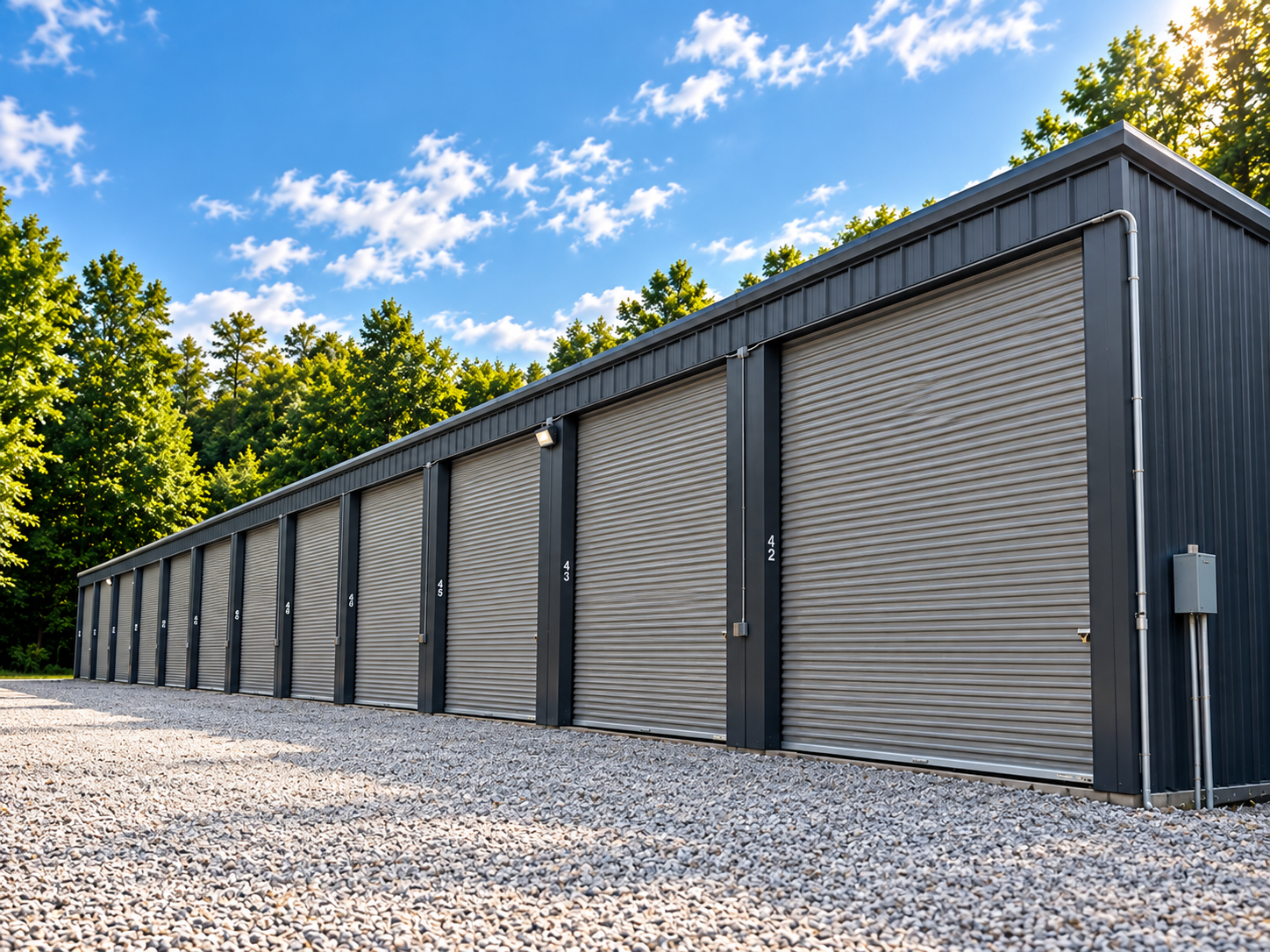 Row of storage units or garages with closed roll-up doors, surrounded by gravel, trees, and a blue sky with scattered clouds.