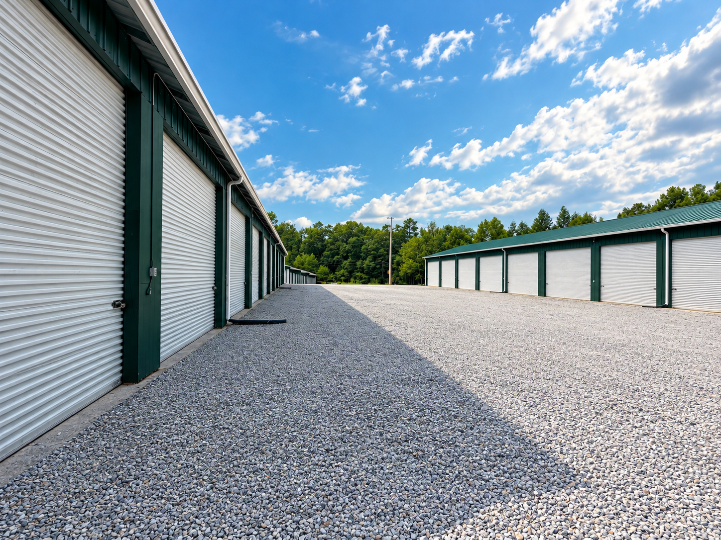 Two rows of storage units or garages with green metal siding and white roll-up doors, set on gravel ground under a partly cloudy blue sky, surrounded by trees in the background.
