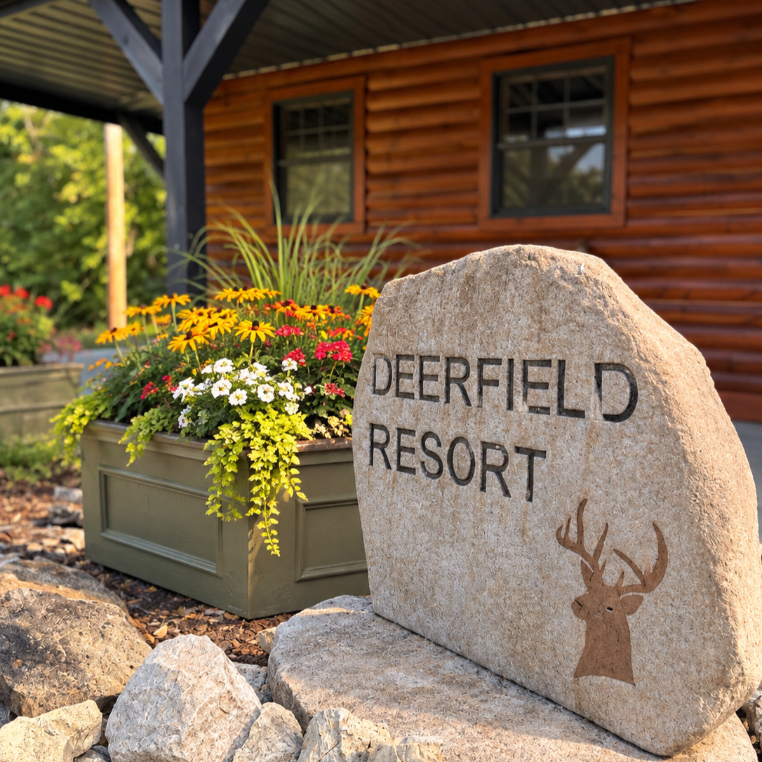 A stone sign with 'Deerfield Resort' and a deer head silhouette, surrounded by a flower bed with yellow, pink, and white flowers, near a wooden building with two windows.