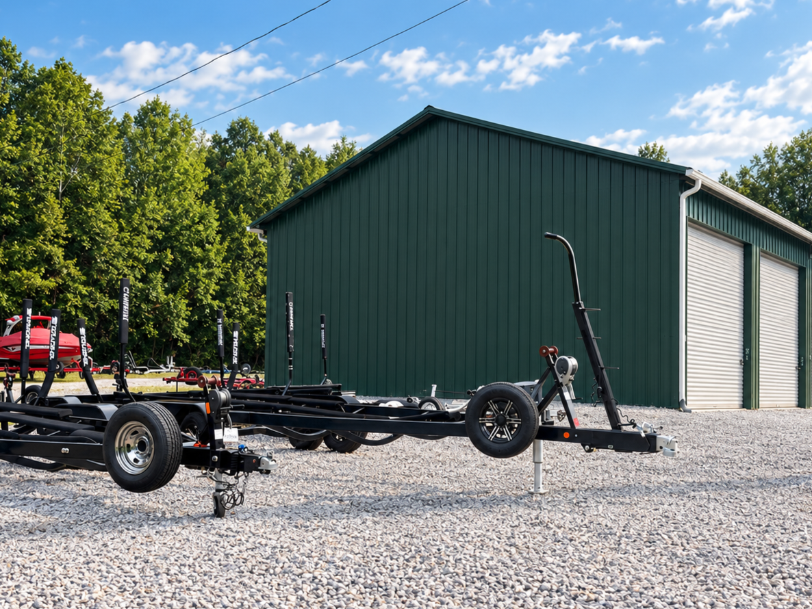 A boat trailer parked on gravel outside a green metal building with two large white garage doors, surrounded by trees under a blue sky with clouds.