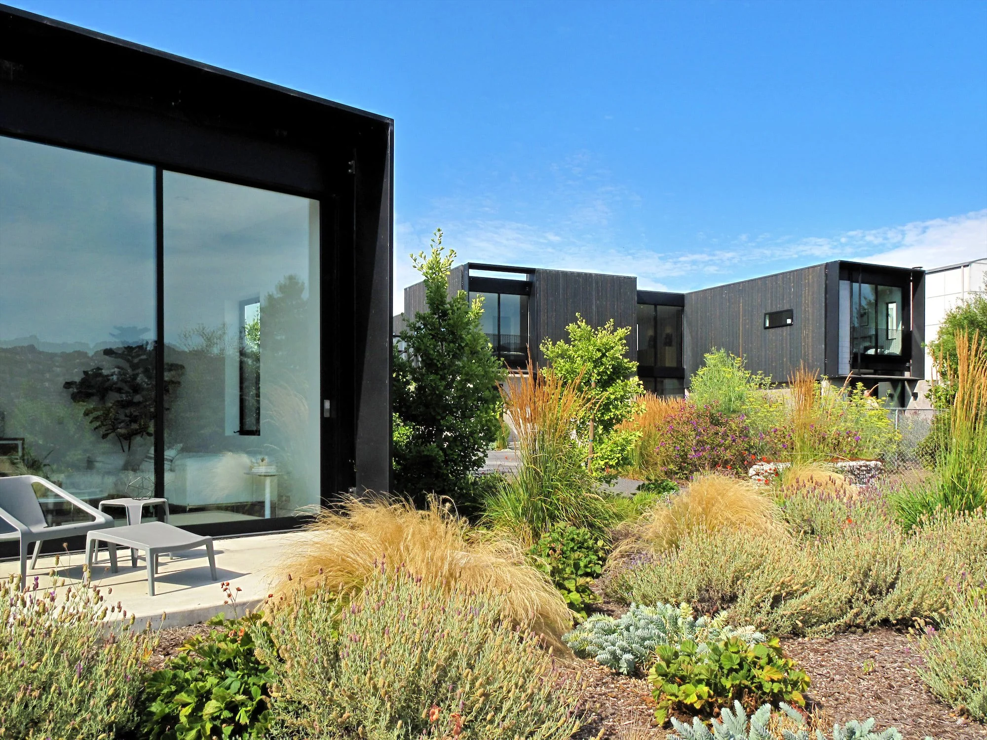 Garden room between the dark-clad wings of The Phoenix residence