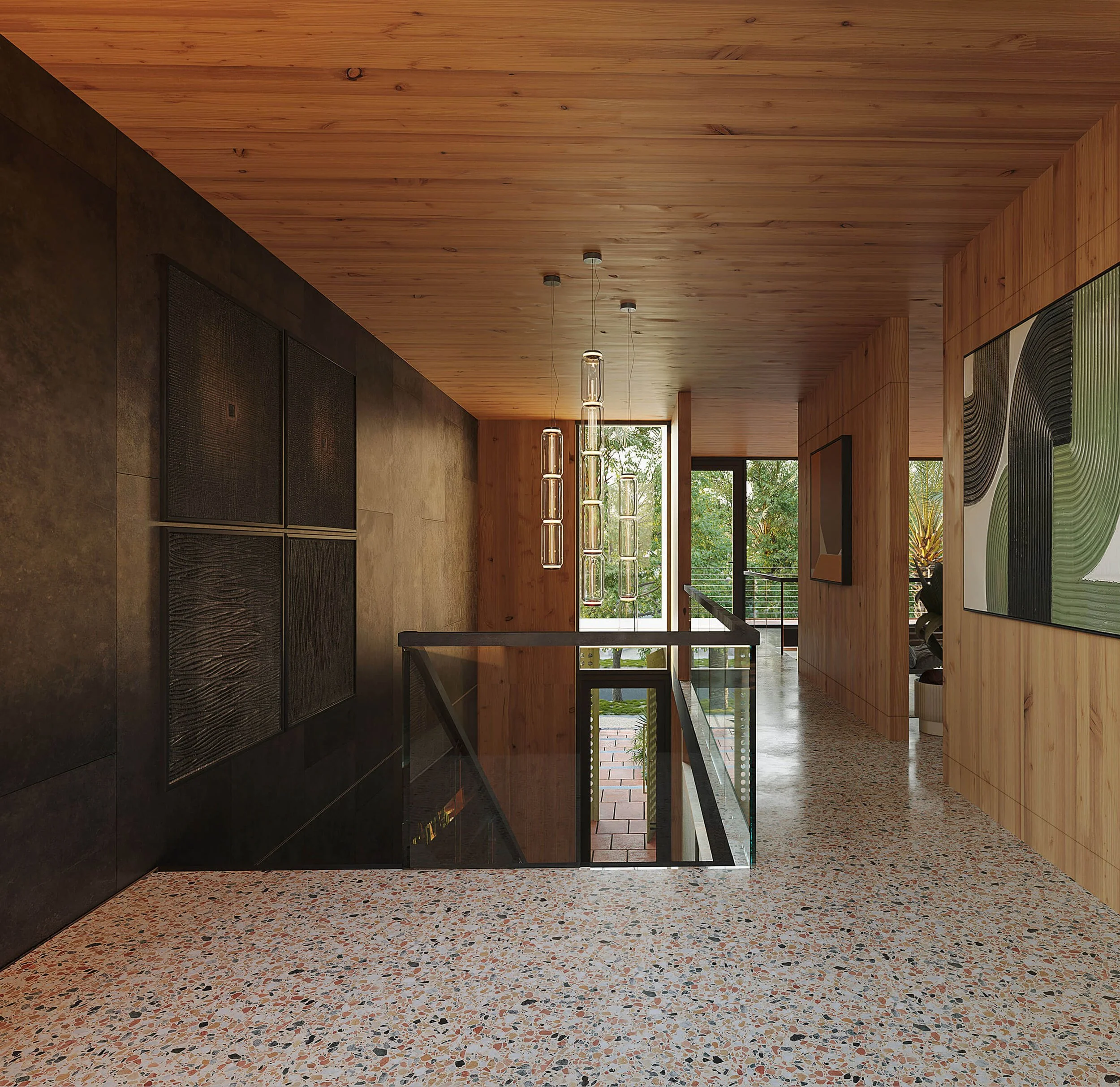 Upper-level stair hall at Dappled House with timber walls, terrazzo floor, and view into the level below